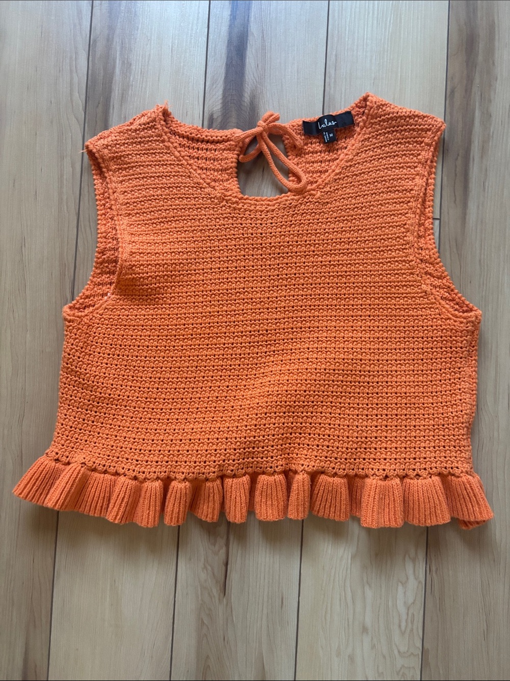 Lulu's Bright Orange Crochet Ruffle-Hem Crop Top